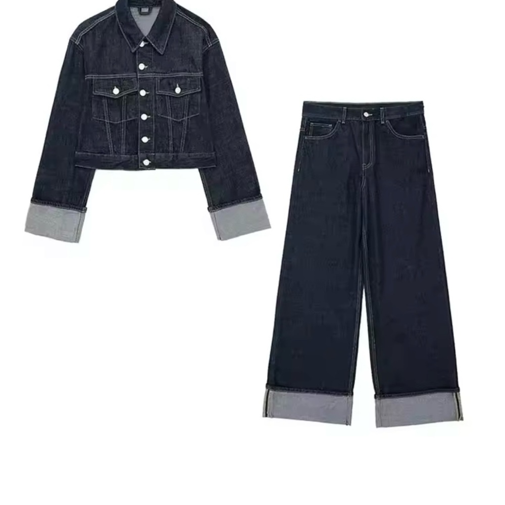 Dark Denim Jacket and Wide-Leg Jeans Set